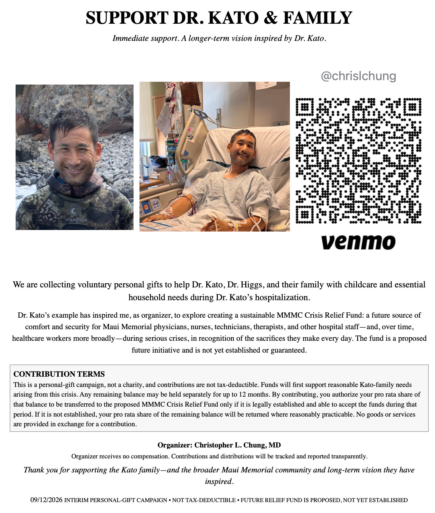 Support Dr. Kato and family campaign flyer with photographs, Venmo QR code, and contribution terms